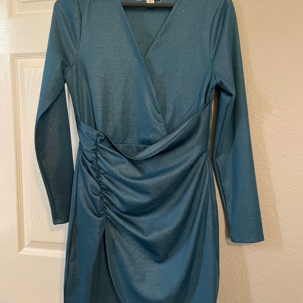 Green Ruched Wrap V-Neck Cocktail Dress